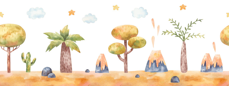 seamless border pattern with volcanoes, trees, jungle, childrens illustration in watercolor png