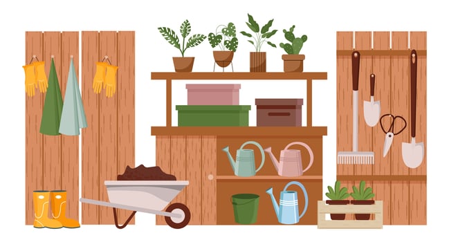Gardening room, interior. Garden tools, farm clothes, boots, gloves, wheelbarrow and plants on the shelves. Illustration, vector