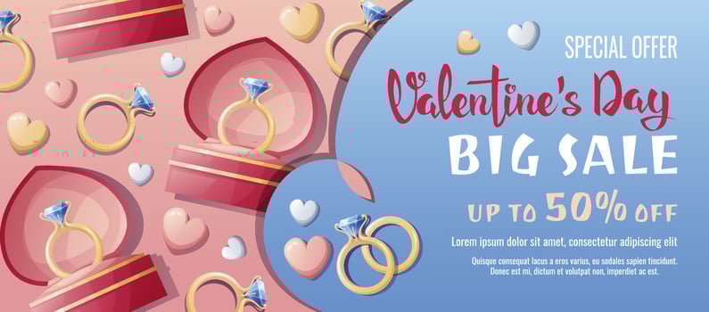 Valentine's day sale banner. Background, poster, flyer with an engagement ring in a box with hearts. Discount voucher template for love day, wedding. vector