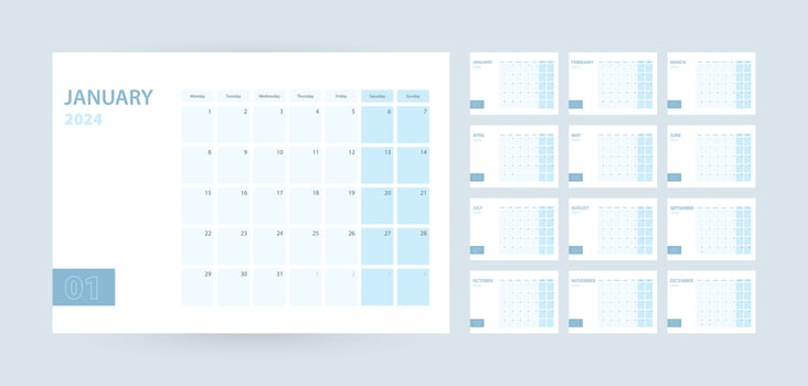 Monthly calendar template for the year 2024, the week starts on Monday. The calendar is in a blue color scheme. vector