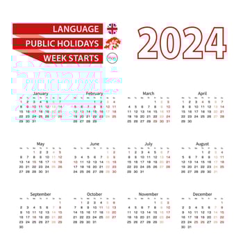 Calendar 2024 in English language with public holidays the country of Hong Kong in year 2024. vector