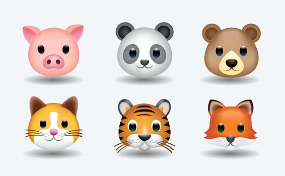 Set of animals vector emoji illustration. Pig, bear, panda, cat, fox and tiger in cartoon style. Collection of mixed cartoon animals. 3d illustration.