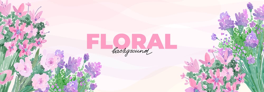 Spring watercolor banner with bouquet of flowers, plants, purple wildflowers, lilies, roses. Hand drawn botanical elements on light pink background. Women's day banner template vector