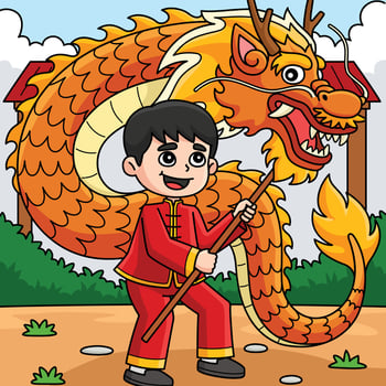 Year of the Dragon Dance Kids Colored Cartoon vector