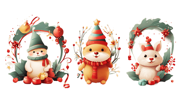 AI generated christmas cartoon animals with wreaths and decorations png