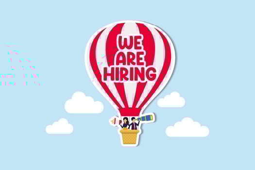 We are hiring announcement for HR human resources to recruit new candidate, employment or career search, hiring vacancy or work opportunity concept, business people HR on balloon search for candidate. vector