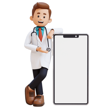 3D Doctor Character Presenting and Lying on Big Empty Phone Screen. Suitable for Medical content png