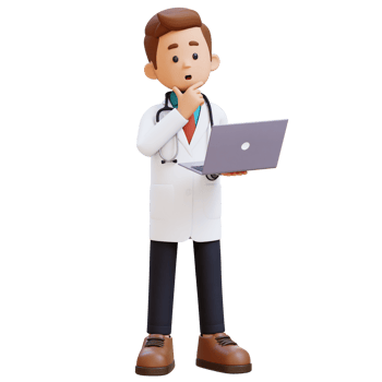 3D Doctor Character Thinking While Working on a Laptop. Suitable for Medical content png