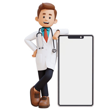 3D Doctor Character Lying on Large Empty Phone Screen. Suitable for Medical content png