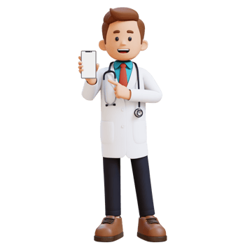 3D Doctor Character Pointing to Empty Phone Screen. Suitable for Medical content png
