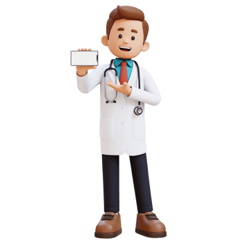 3D Doctor Character Presenting on Empty Phone Screen. Suitable for Medical content png