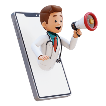 3D Doctor Character Jump from Phone Screen with Megaphone. Suitable for Medical content png