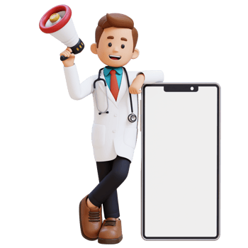 3D Doctor Character Holding Megaphone and Lying on Big Empty Phone Screen. Suitable for Medical content png