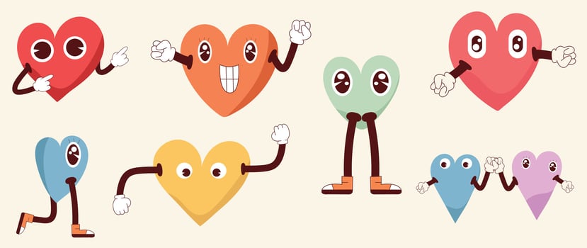 Groovy Valentine character vector set. Cute comic retro hippie collection of heart shaped cartoon with different colors, red, blue, pink, yellow. Design for valentine card, decorative, sticker, print.