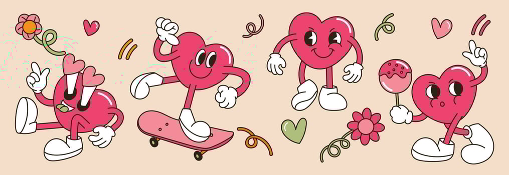 Groovy Valentine character vector set. Cute comic hippie collection of heart shaped cartoon with different poses, skateboard, candy, flowers. Design for valentine card, decorative, sticker, print.