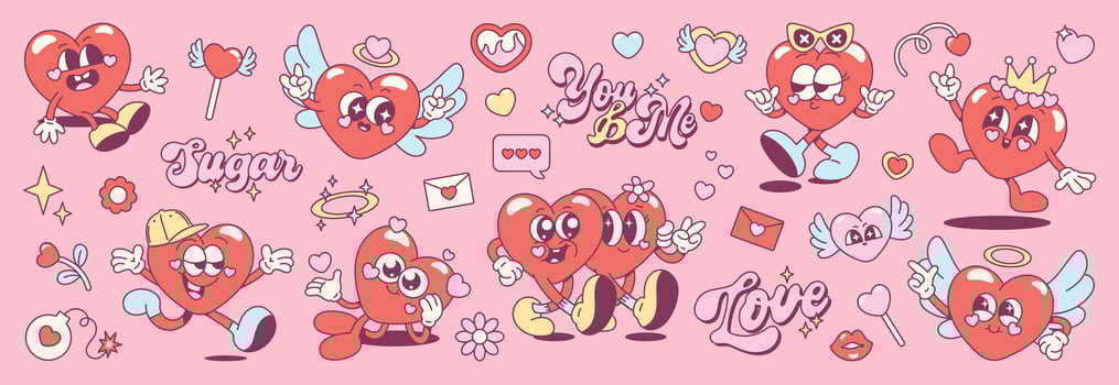 Groovy Valentine character vector set. Cute comic hippie collection of heart shaped cartoon with different poses, love letter, flowers, lips. Design for valentine card, decorative, sticker, print.