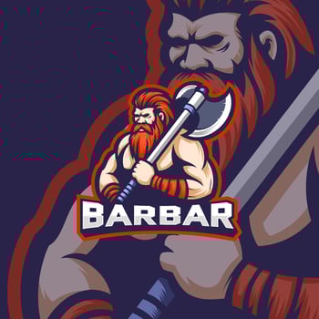 Bulky barbarian holding big hand axe mascot esport vector illustration. Old barbarian gaming and sport team mascot emblem.