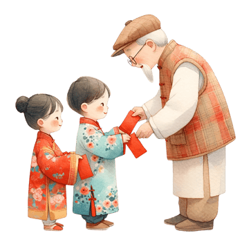 AI generated Chinese kids  receiving red packets from  grandfather clipart watercolor .AI Generate png