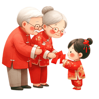AI generated Chinese grandparent  sending  red packet to little  girl clipart watercolor .AI Generate png