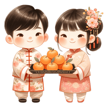 AI generated Cute Chinese girl and boy in traditional costume holding  mandarins clipart watercolor .AI Generate png