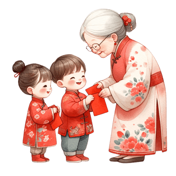 AI generated Chinese kids  receiving red packets from  grandmother   clipart watercolor .AI Generate png