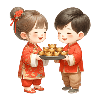 AI generated Cute Chinese boy and girl holding gold ingots for Chinese New Year clipart watercolor .AI Generate png