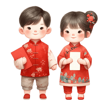 AI generated Cute asian boy and girl holding red envelopes for Chinese New Yearclipart watercolor .AI Generate png