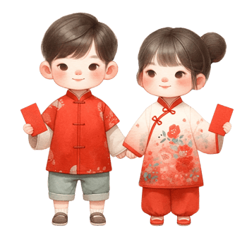 AI generated Cute asian boy and girl holding red envelopes for Chinese New Yearclipart watercolor .AI Generate png
