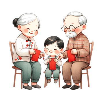 AI generated Chinese grandparent sending red packets to little boy clipart watercolor .AI Generate png