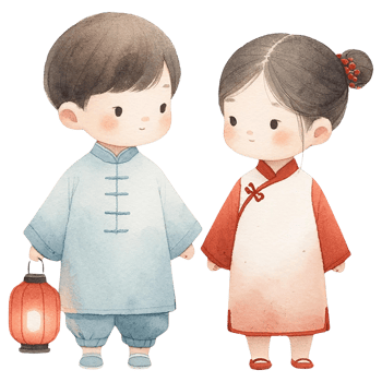 AI generated Chinese New Year boy and girl holding red paper lanterns clipart watercolor .AI Generate png