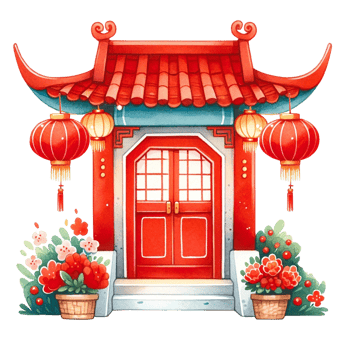 AI generated Watercolor chinese door with red lanterns and flowers .AI Generate png