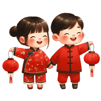 AI generated Chinese New Year boy and girl holding red paper lanterns clipart watercolor .AI Generate png