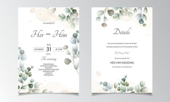 wedding invitation card with Eucalyptus leaves template vector