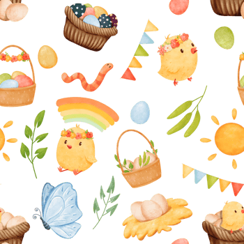 seamless watercolor pattern, chicks, egg baskets garlands butterflies greenery, and the sun, Easter theme. cartoonish style, for applications, textiles, stationery, and festive decorations png