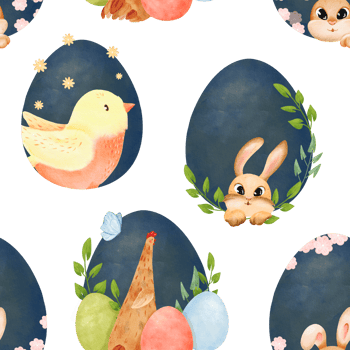 Seamless pattern. Easter compositions with colorful eggs, spring birds, chicks, and bunnies. Perfect for festive designs, essence of Easter, for textiles, stationery, and seasonal decorations png