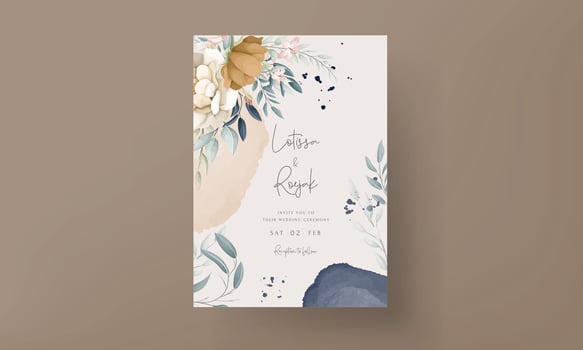 Illustration of a wedding invitation watercolor flower bouquet set branches brown leaves red flowers vector