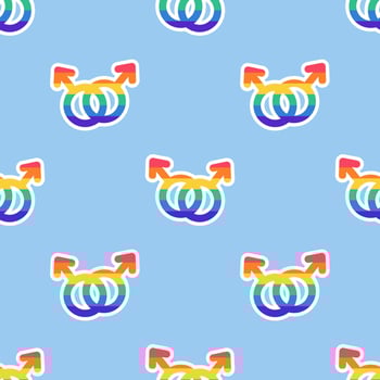 LGBT love seamless pattern. LGBT Love symbols in LGBT flag colors. Two male gender icons in Rainbow colors linked together. Gay couples Textile. LGBTQ, LGBT pride community Symbols texture. vector