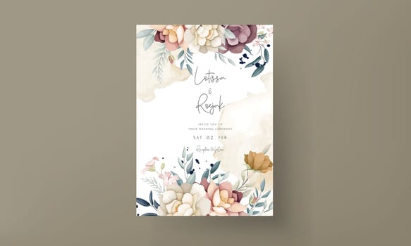 Illustration of a watercolor flower branches brown leaves red flowers invitation set vector