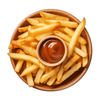 AI generated Golden French fries with ketchup in bowl isolated on transparent background png