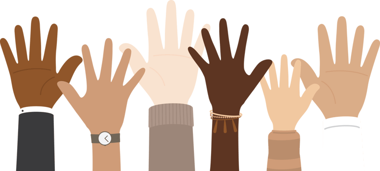Flat design illustration of people with different skin colors raising their hands. Diversity concept. png