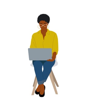 Black business woman sitting with laptop . vector