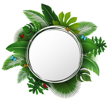 Sign with Text Space of Tropical Leaves and Butterflies. Suitable For Nature Concept, Vacation, and Summer Holiday, Vector Illustration