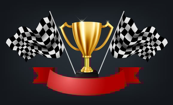 Realistic Golden Trophy with Checkered Flag Racing Championship Background and Red Ribbon, Vector Illustration
