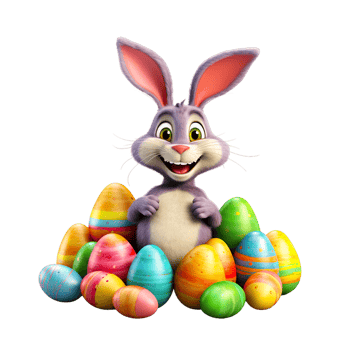 AI generated Easter rabbit with colorful eggs. April holiday on transparent background png