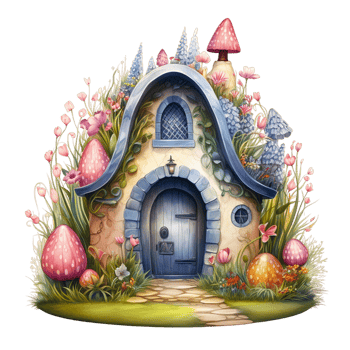 AI generated cartoon illustration of fairy house with green roof, grass and flowers, Green Fairy House png