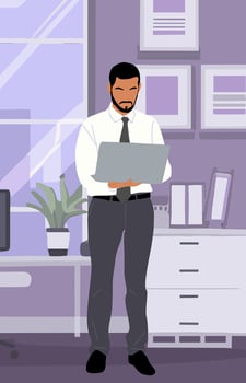 Business man standing in office holding laptop. vector