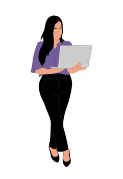 Business woman in casual outfit holding laptop. vector