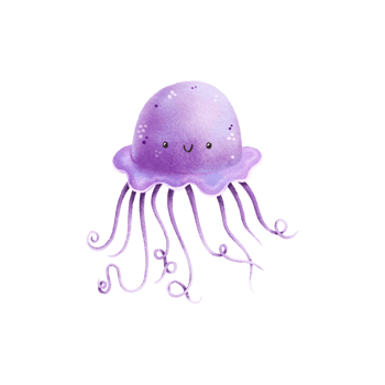 Illustration of a sea purple jellyfish. Fairytale sea character with eyes. Hand drawn illustration png
