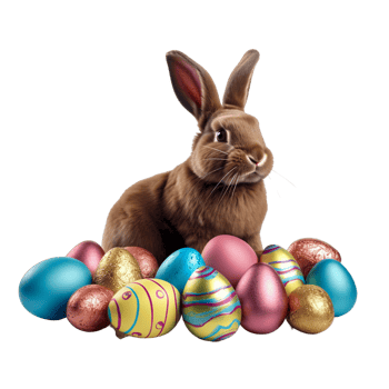 AI generated bunny surrounded by colorful Easter eggs png