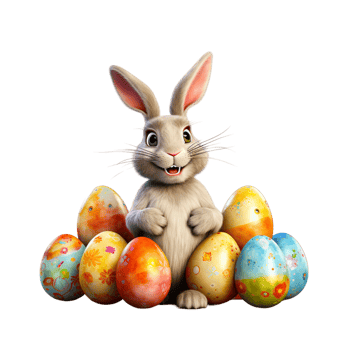 AI generated Easter rabbit with colorful eggs. April holiday on transparent background png